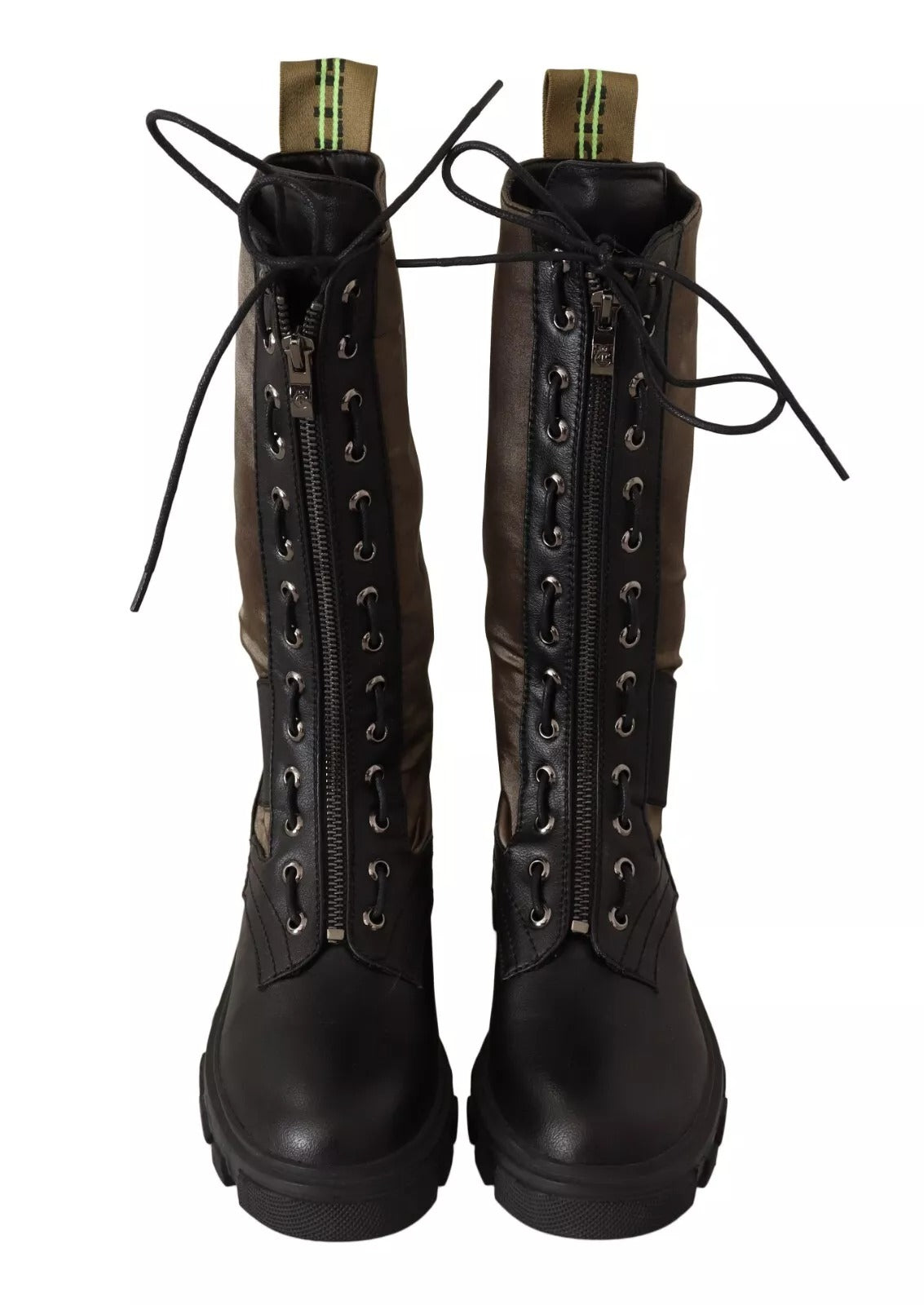 Gaelle Black Green High Combat Boots Lace Up Military Shoes