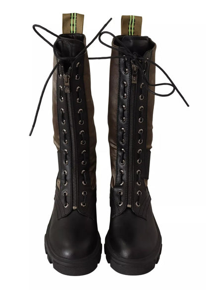 Gaelle Black Green High Combat Boots Lace Up Military Shoes