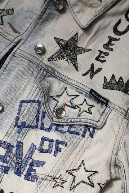 Dolce & Gabbana Light Blue Graffiti Button Down Denim Jacket