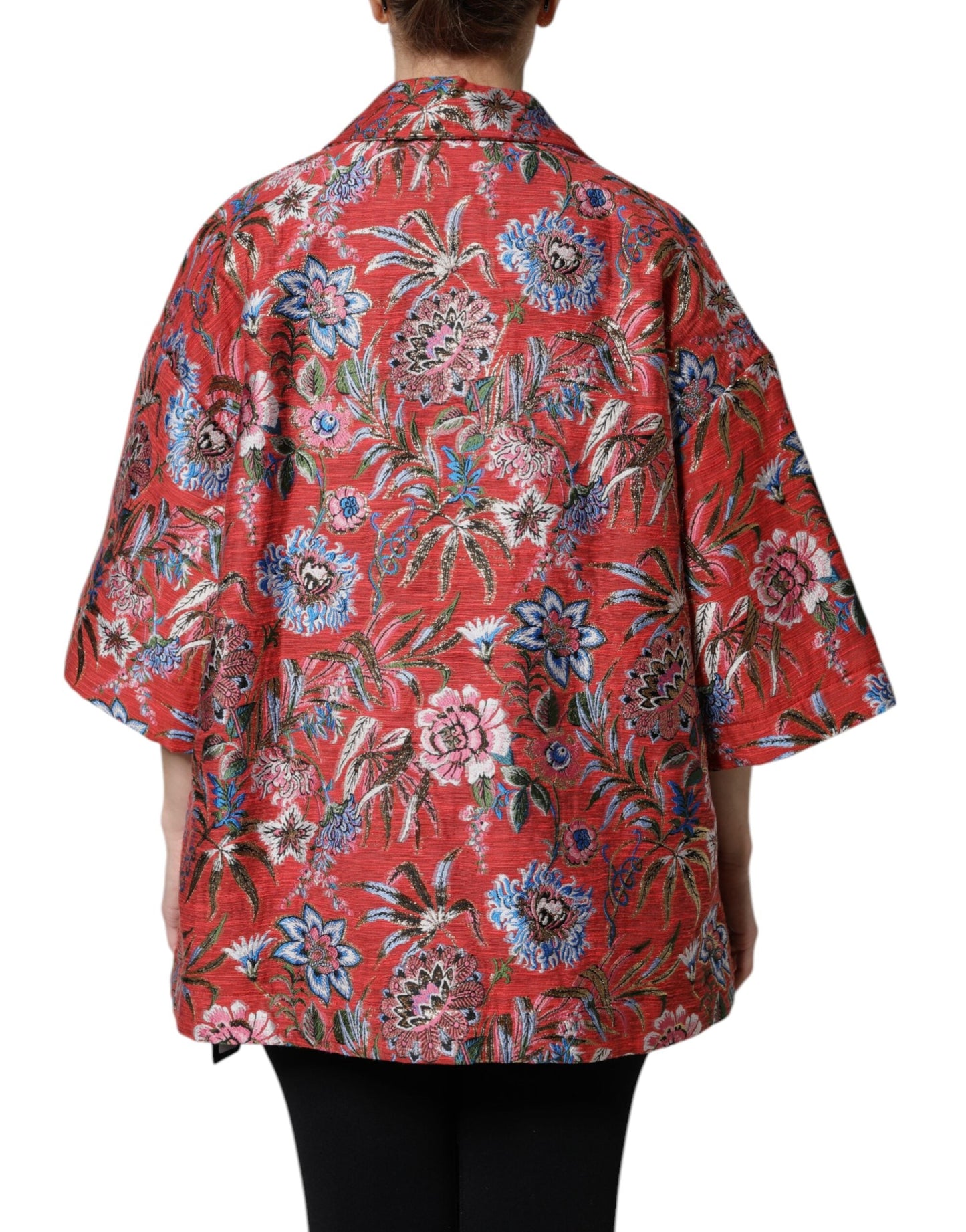 Dolce & Gabbana Red Floral Jacquard Button Down Coat Jacket