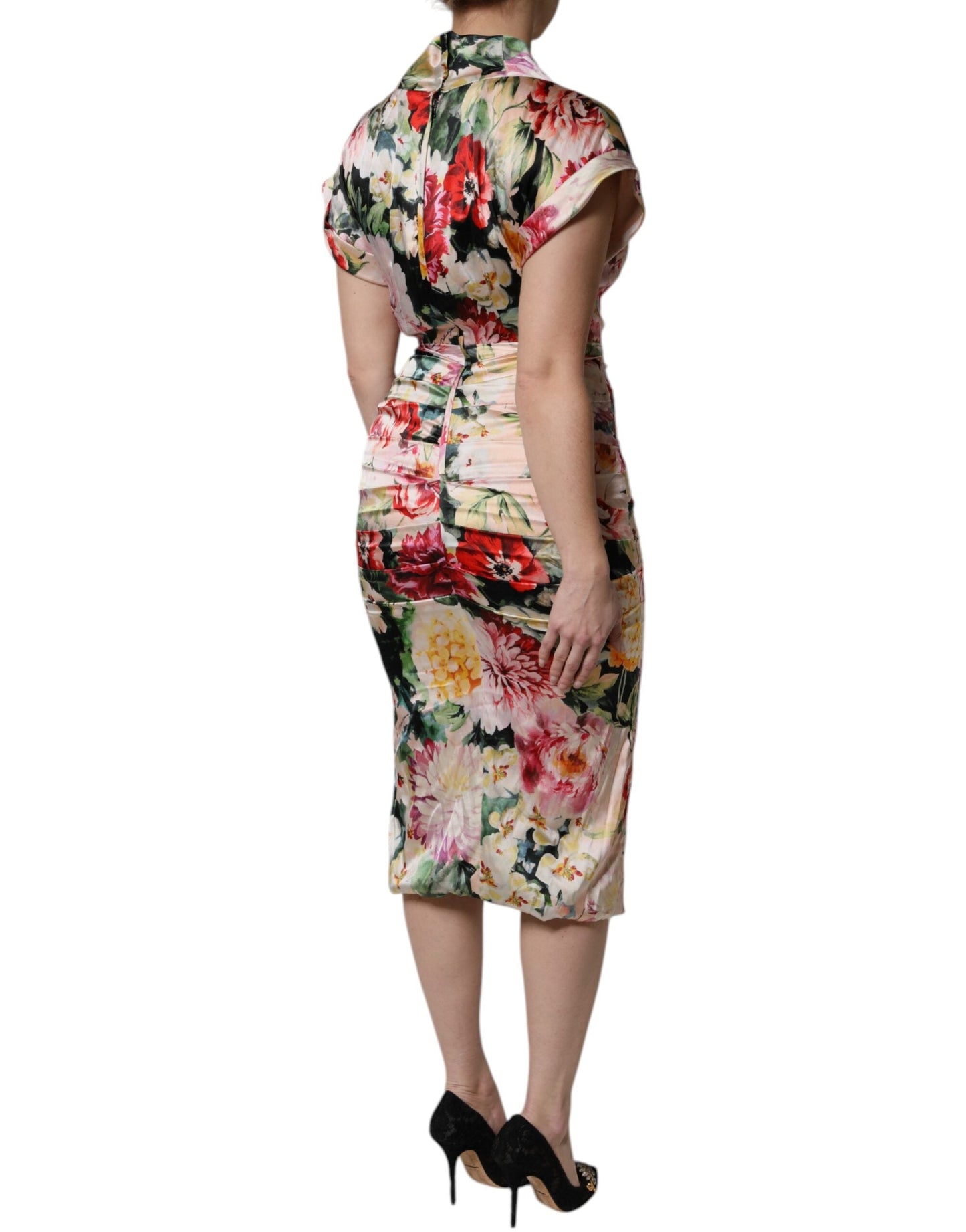 Dolce & Gabbana Multicolor Floral Short Sleeves Sheath Midi Dress