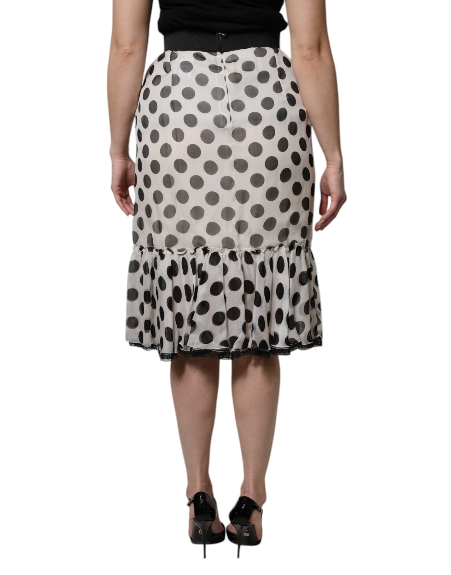 Dolce & Gabbana White Black Polka Dots Knee Length Skirt