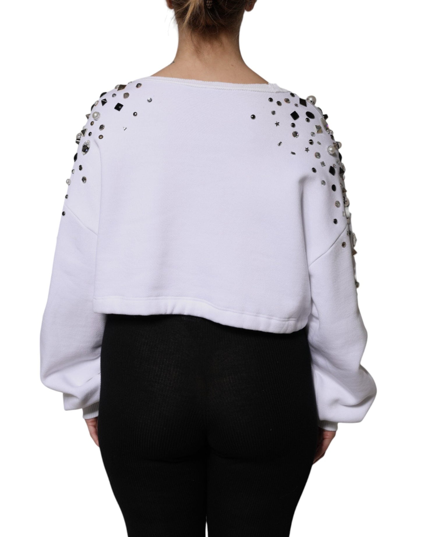 Dolce & Gabbana White Embellished Long Sleeve Cropped Sweater