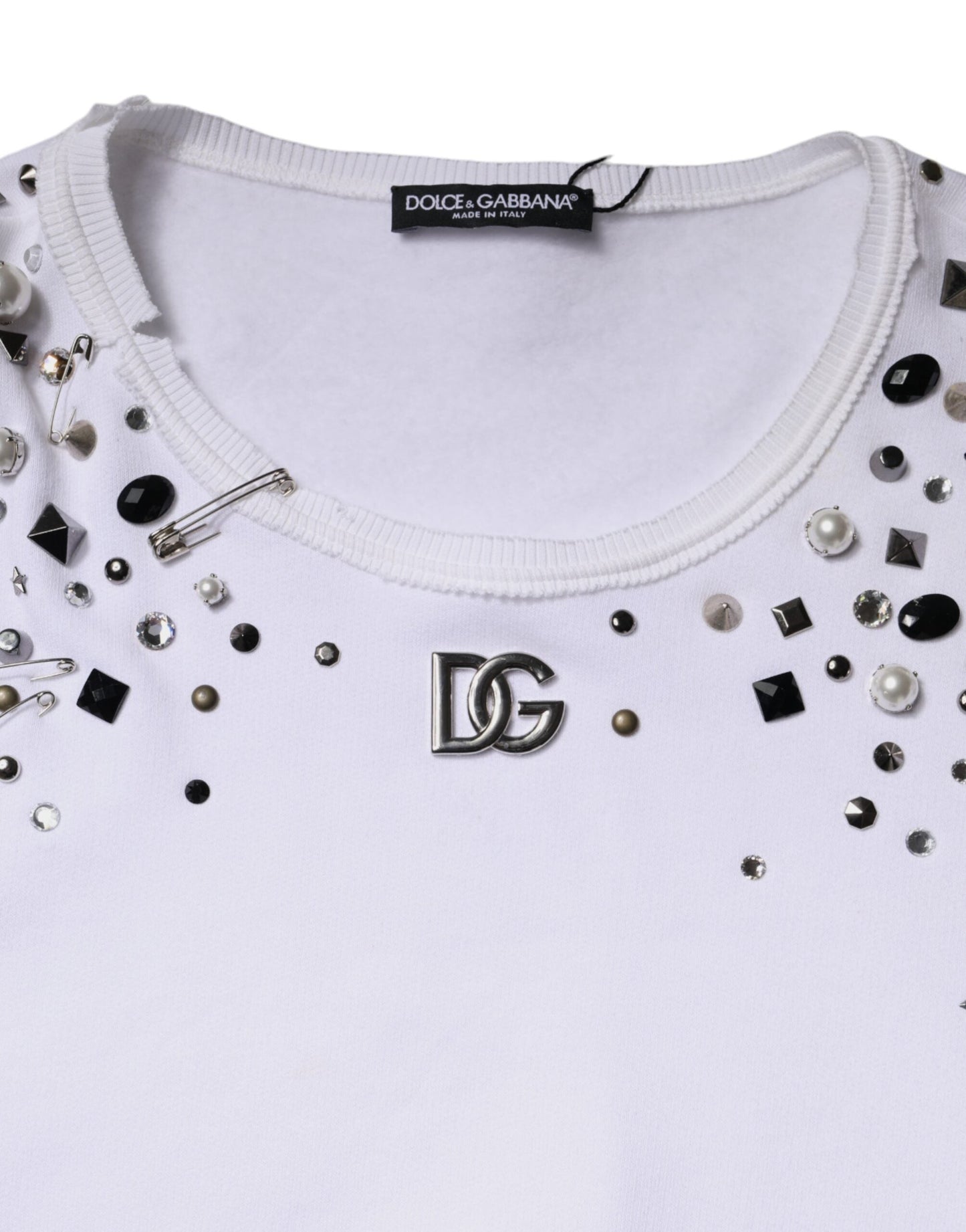 Dolce & Gabbana White Embellished Long Sleeve Cropped Sweater