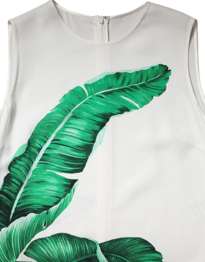 Dolce & Gabbana White Banana Leaf Print Round Neck Tank Top