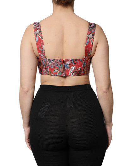 Dolce & Gabbana Red Floral Brocade Cropped Bustier Corset Top