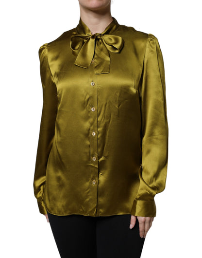 Dolce & Gabbana Olive Green Ascot Collar Long Sleeve Blouse Top