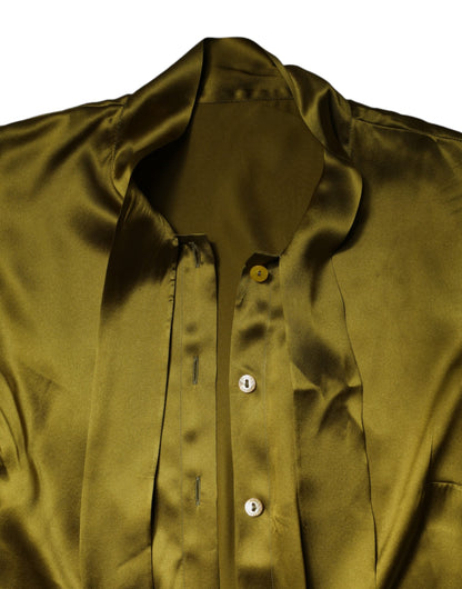 Dolce & Gabbana Olive Green Ascot Collar Long Sleeve Blouse Top