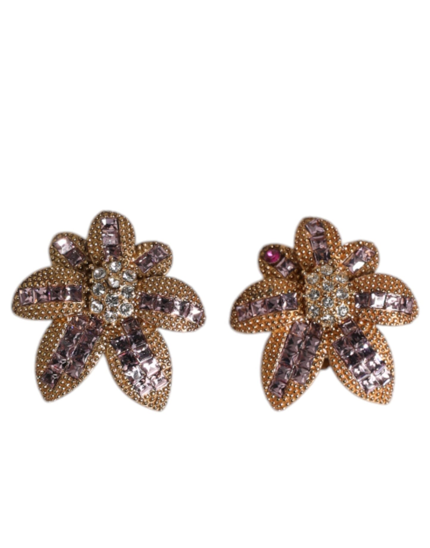Dolce & Gabbana Gold Brass Purple Flower-Shaped Crystals Clip On Earrings