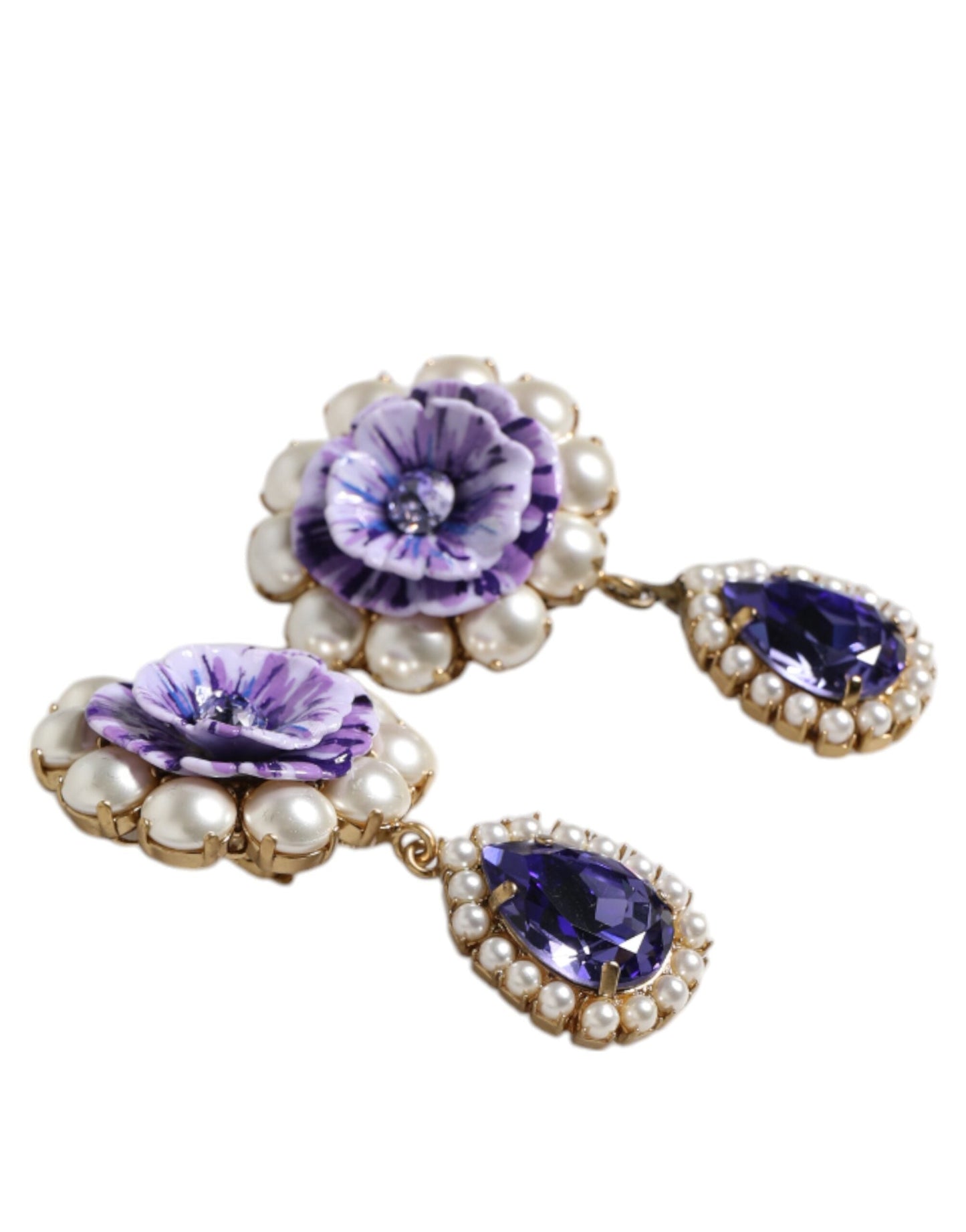 Dolce & Gabbana Purple Flower Pearl Teardrop Crystals Clip On Earrings