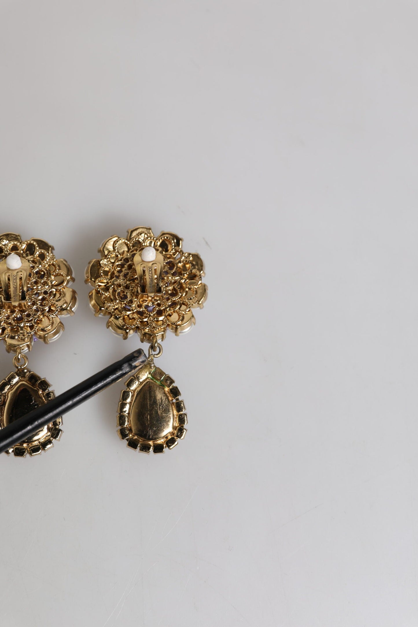 Dolce & Gabbana Purple Flower Pearl Teardrop Crystals Clip On Earrings