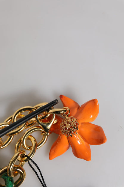 Dolce & Gabbana Multicolor Gold Brass Orange Lily Floral Chain Necklace