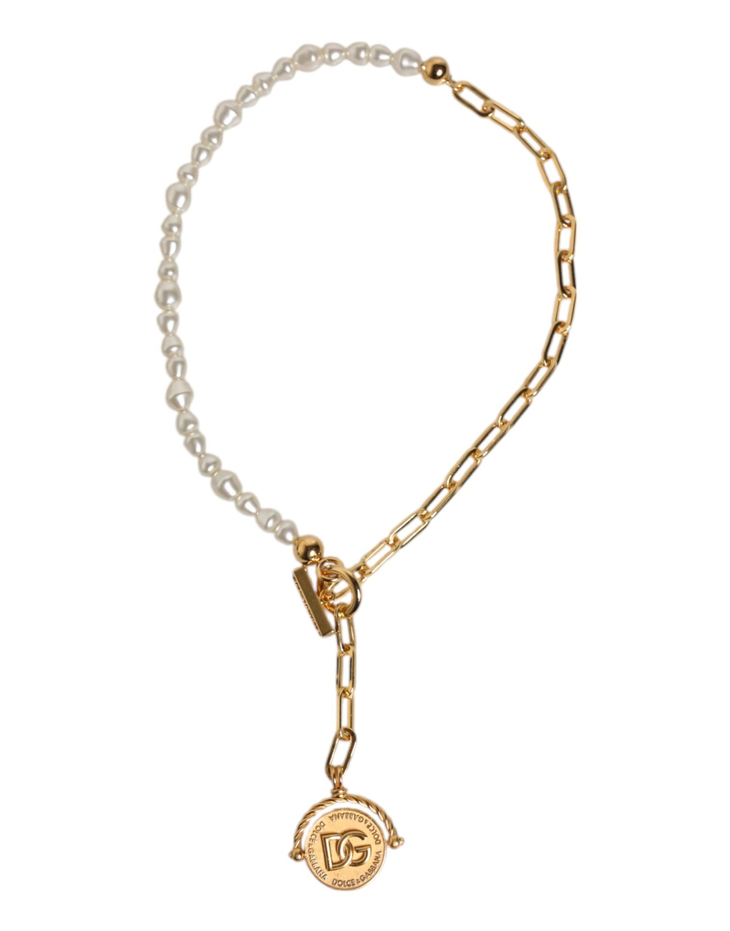 Dolce & Gabbana Gold Chain Brass Faux Pearl Charm Logo Pendant Necklace