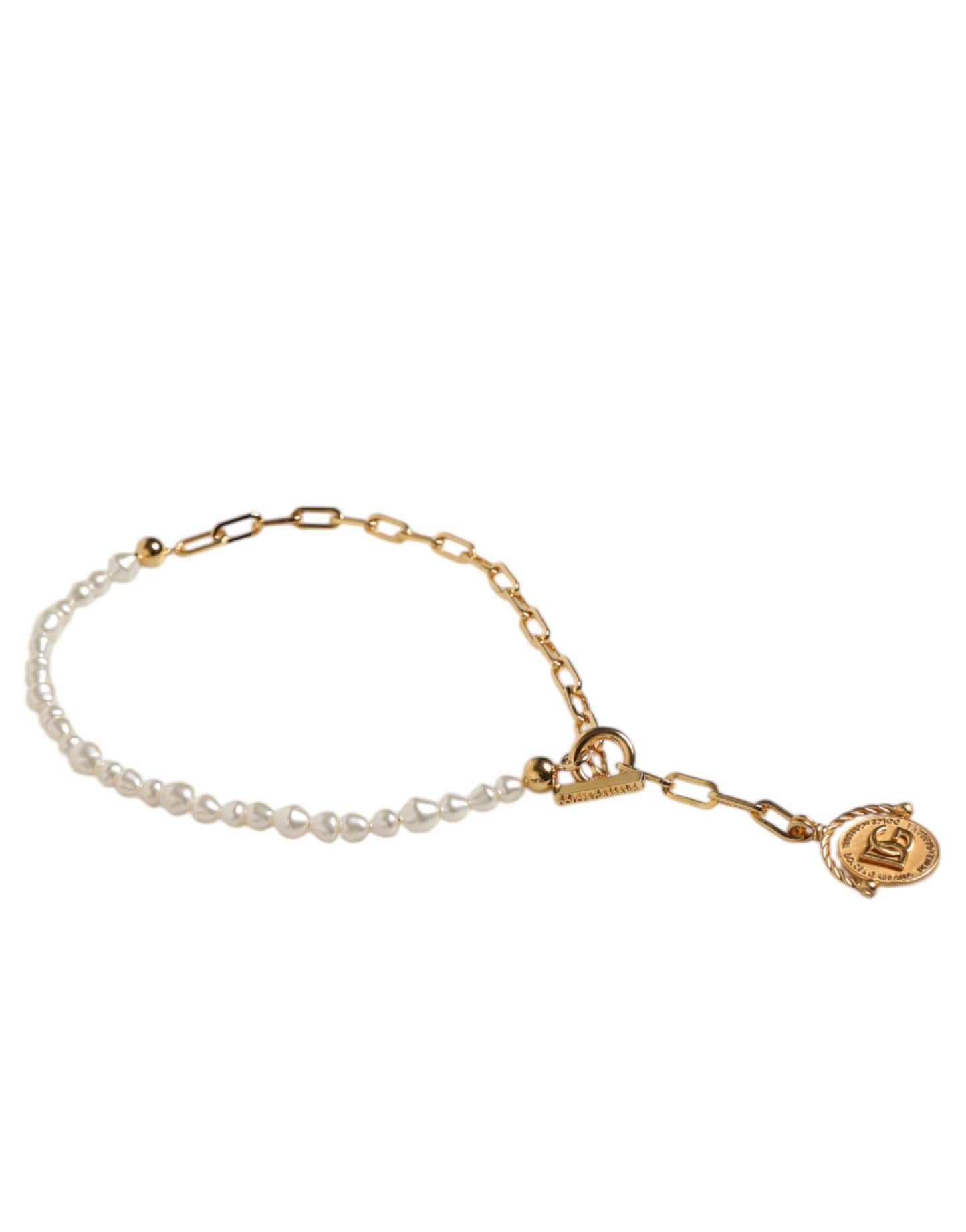 Dolce & Gabbana Gold Chain Brass Faux Pearl Charm Logo Pendant Necklace