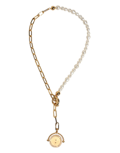 Dolce & Gabbana Gold Chain Brass Faux Pearl Charm Logo Pendant Necklace
