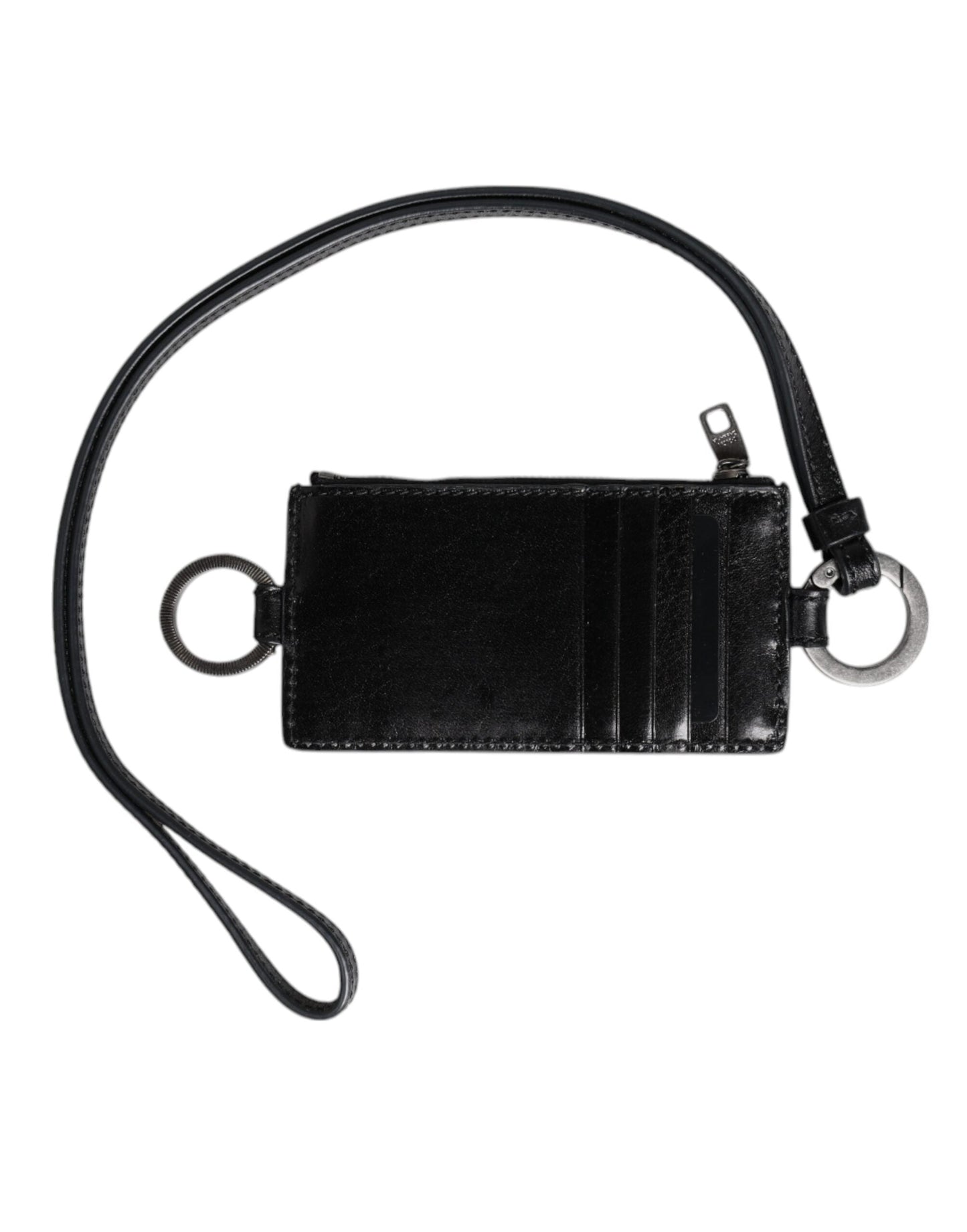 Dolce & Gabbana Black Leather Logo Embossed Lanyard Card Holder Wallet