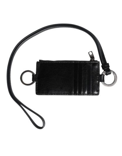 Dolce & Gabbana Black Leather Logo Embossed Lanyard Card Holder Wallet