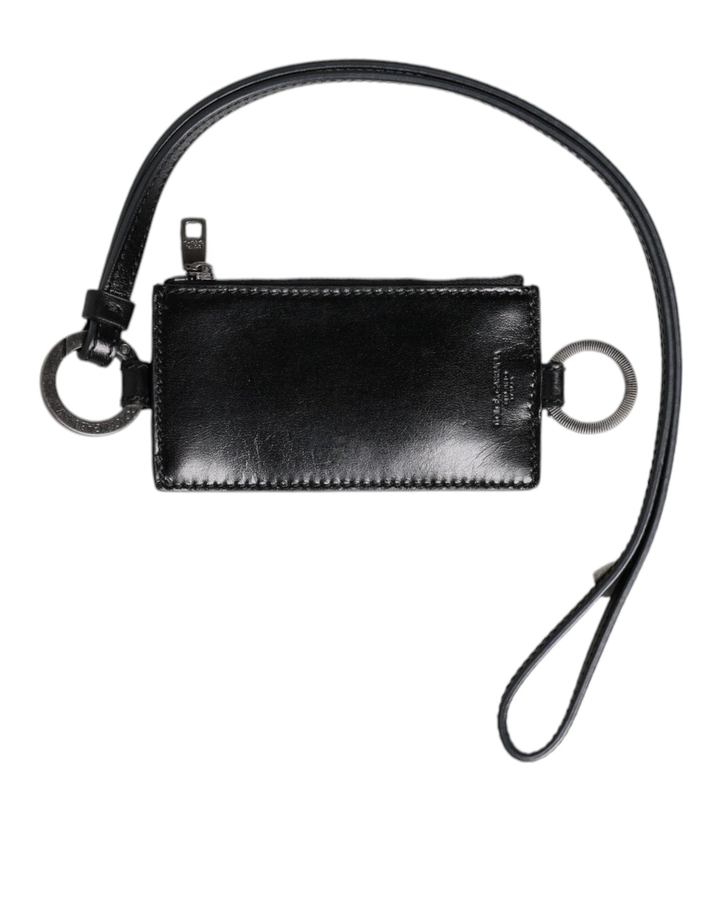 Dolce & Gabbana Black Leather Logo Embossed Lanyard Card Holder Wallet