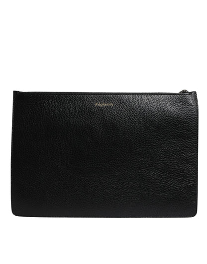 Dolce & Gabbana Black Leather #DGFAMILY Embellished Men Zip Pouch Bag