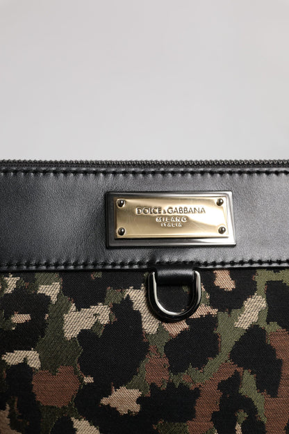 Dolce & Gabbana Multicolor Leopard Jacquard Print Logo Plaque Pouch Bag