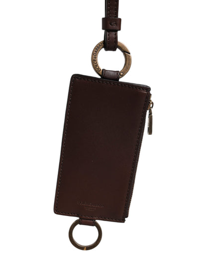 Dolce & Gabbana Brown Calf Leather Lanyard Logo Card Holder Wallet