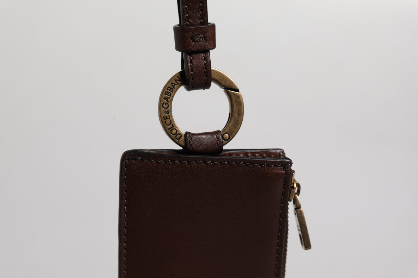 Dolce & Gabbana Brown Calf Leather Lanyard Logo Card Holder Wallet