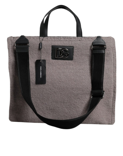 Dolce & Gabbana Grey Alpaca Wool Logo Plaque Tote Shoulder Bag