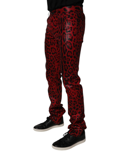 Dolce & Gabbana Red Leopard Cotton Slim Fit Denim Jeans
