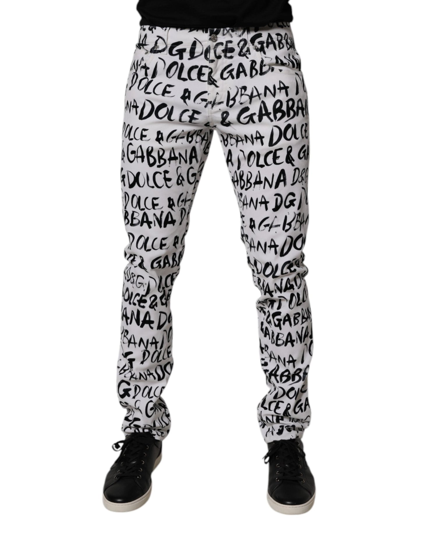 Dolce & Gabbana White Cotton Logo Print Skinny Denim Jeans