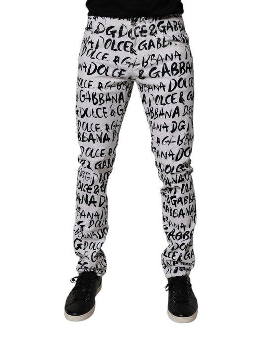 Dolce & Gabbana White Cotton Logo Print Skinny Denim Jeans