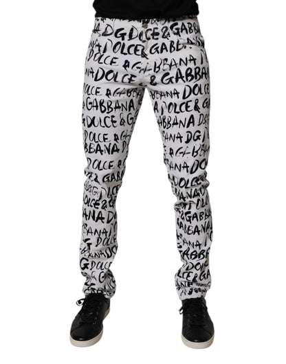 Dolce & Gabbana White Cotton Logo Print Skinny Denim Jeans
