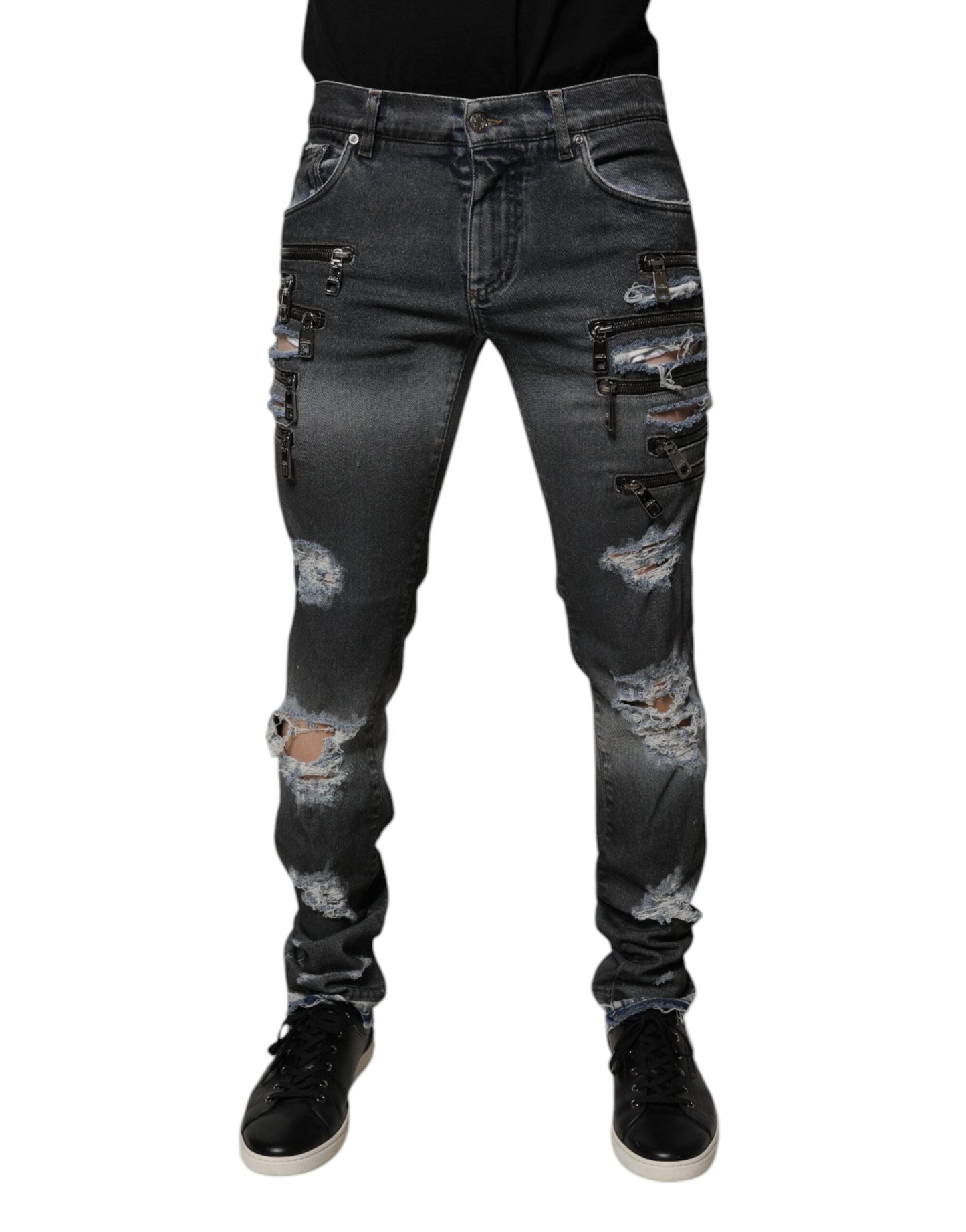 Dolce & Gabbana Dark Gray Tattered Cotton Skinny Denim Jeans
