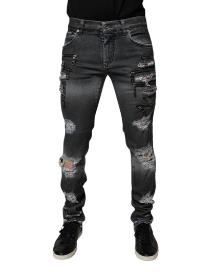 Dolce & Gabbana Dark Gray Tattered Cotton Skinny Denim Jeans