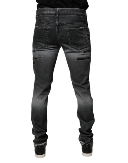Dolce & Gabbana Dark Gray Tattered Cotton Skinny Denim Jeans