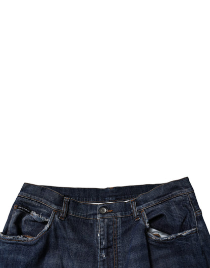 Dolce & Gabbana Dark Blue Tattered Wide Leg Men Denim Jeans
