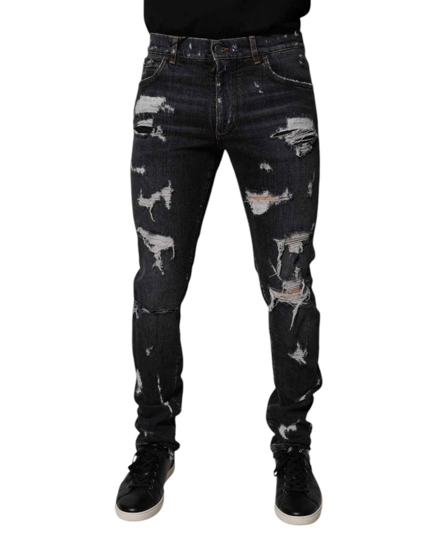 Dolce & Gabbana Black Tattered Cotton Skinny Men Denim Jeans