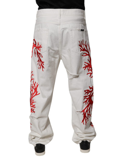 Dolce & Gabbana White Corals Tattered Straight Denim Jeans