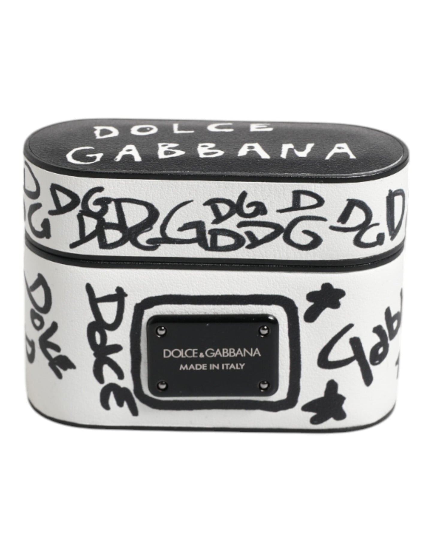 Dolce & Gabbana Black White Leather Scribble Embossed Logo Airpods Case
