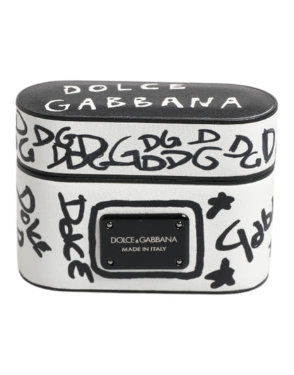 Dolce & Gabbana Black White Leather Scribble Embossed Logo Airpods Case