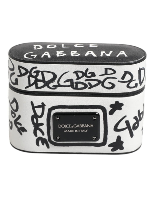 Dolce & Gabbana Black White Leather Scribble Embossed Logo Airpods Case