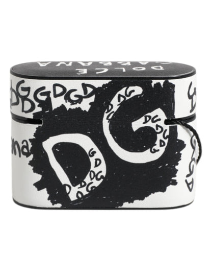 Dolce & Gabbana Black White Leather Scribble Embossed Logo Airpods Case