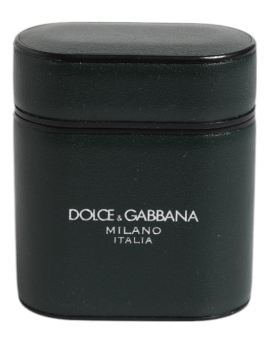 Dolce & Gabbana Green Calfskin Leather Logo Print Flip Holder Airpods Case
