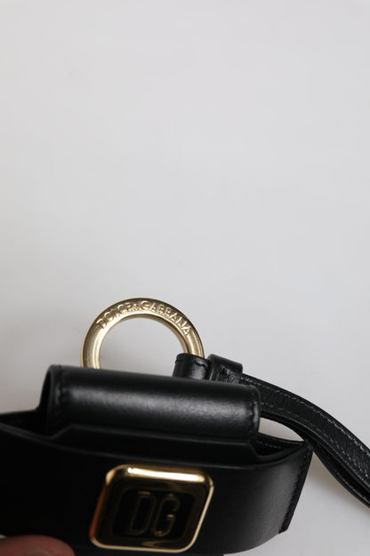 Dolce & Gabbana Black Leather Strap Gold Metal Logo Plaque Airpods Case