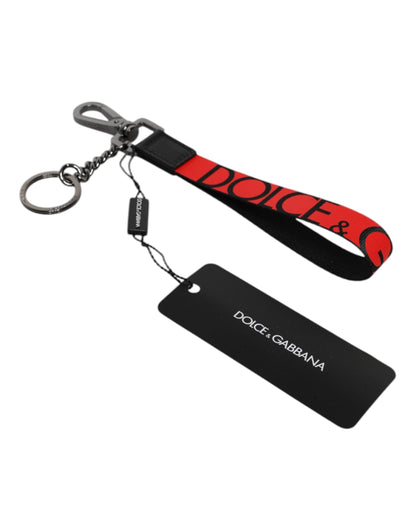 Dolce & Gabbana Red Logo Nylon Silver Brass Men Holder Keychain Keyring