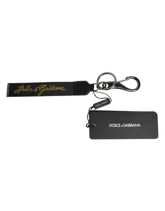 Dolce & Gabbana Black Logo Nylon Silver Brass Men Holder Keychain Keyring