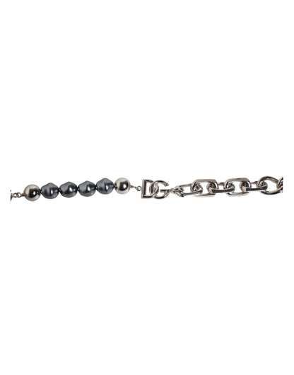 Dolce & Gabbana Silver Tone Chain Lobster Clasp Logo Gray Pearls Bracelet