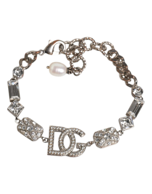 Dolce & Gabbana Silver Brass Crystal DG Logo Charm Embellished Bracelet