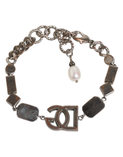 Dolce & Gabbana Silver Brass Crystal DG Logo Charm Embellished Bracelet