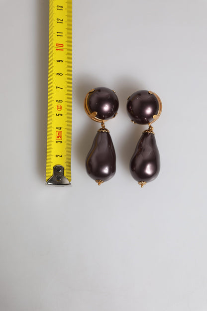 Dolce & Gabbana Gold Brass Black Pearl Clip On Dangling Jewelry Earrings
