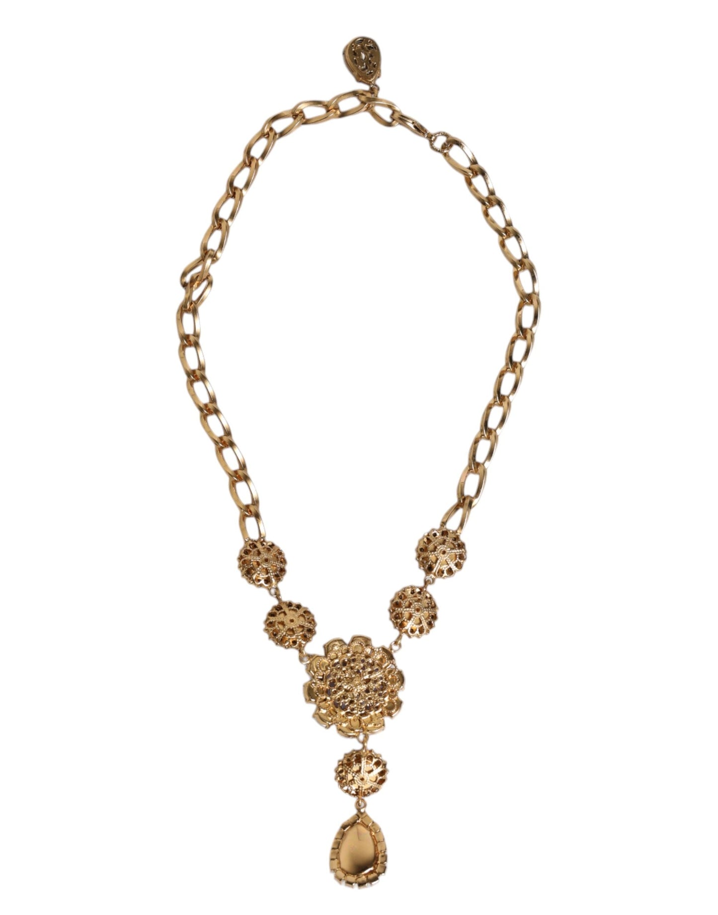 Dolce & Gabbana Gold Brass Floral Crystals Pearl Embellished Necklace